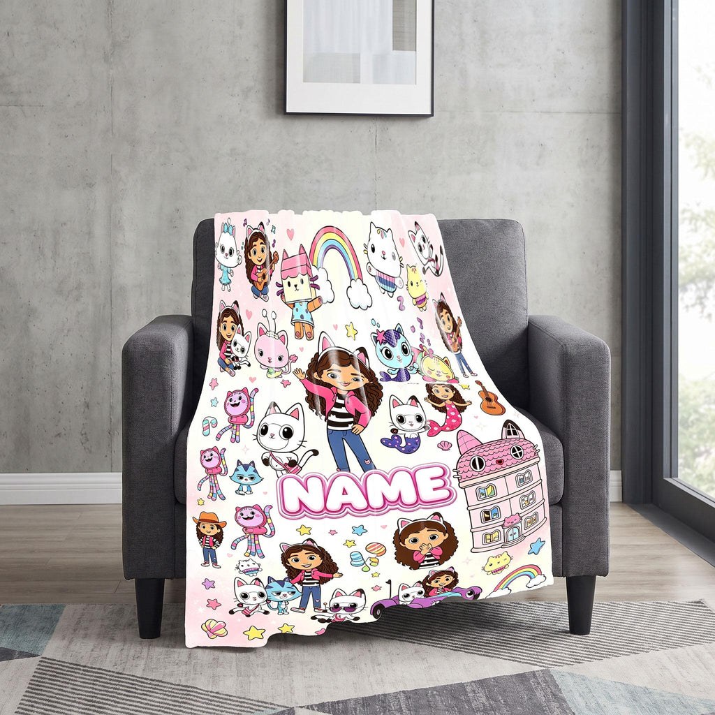 Gabby's Dollhouse Sticker Blanket, Magical Kitty Collage Throw, Kids Cartoon Bedding, Girls Birthday Gift