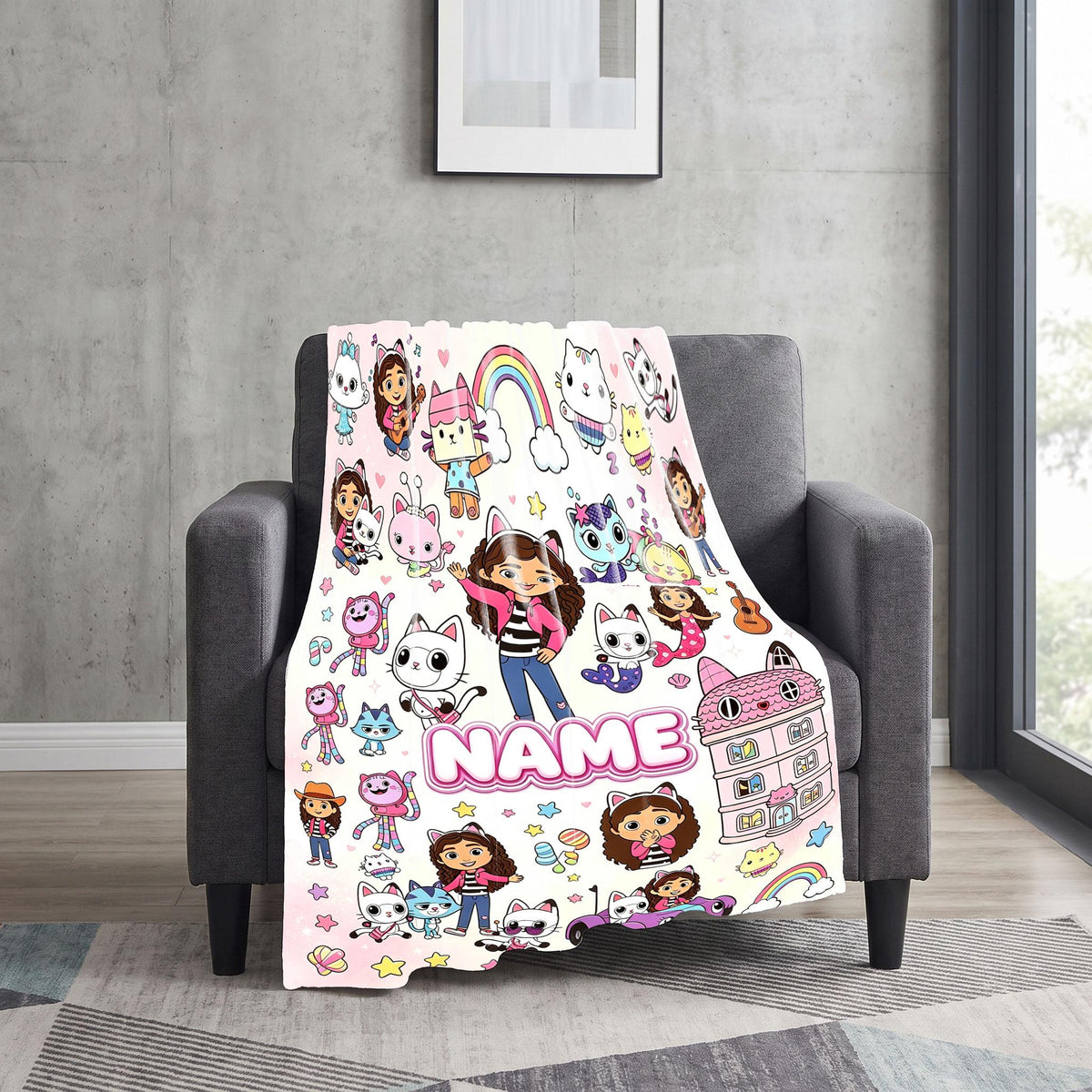 Gabby's Dollhouse Sticker Blanket, Magical Kitty Collage Throw, Kids Cartoon Bedding, Girls Birthday Gift