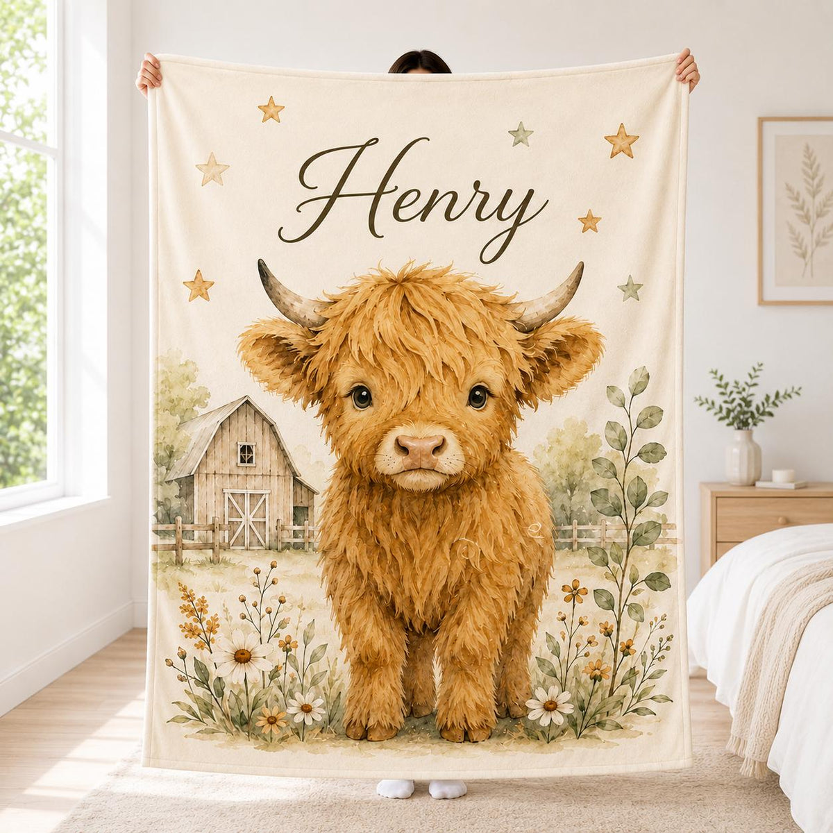 Personalized Highland Cow Blanket with Name, Custom Baby Boy Blanket, Farm Animal Nursery Decor, Highland Cow Baby Gift, Baby Shower Gift