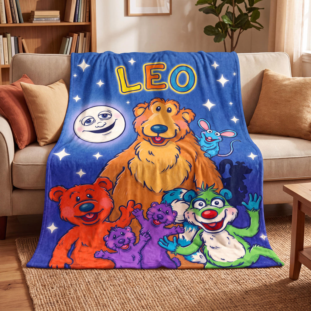 Personalized 90s Nostalgic Cartoon Blanket, Retro Bear and Smiling Moon Flannel Throw, Custom Kids Bedding, Toddler Boy Girl Gift