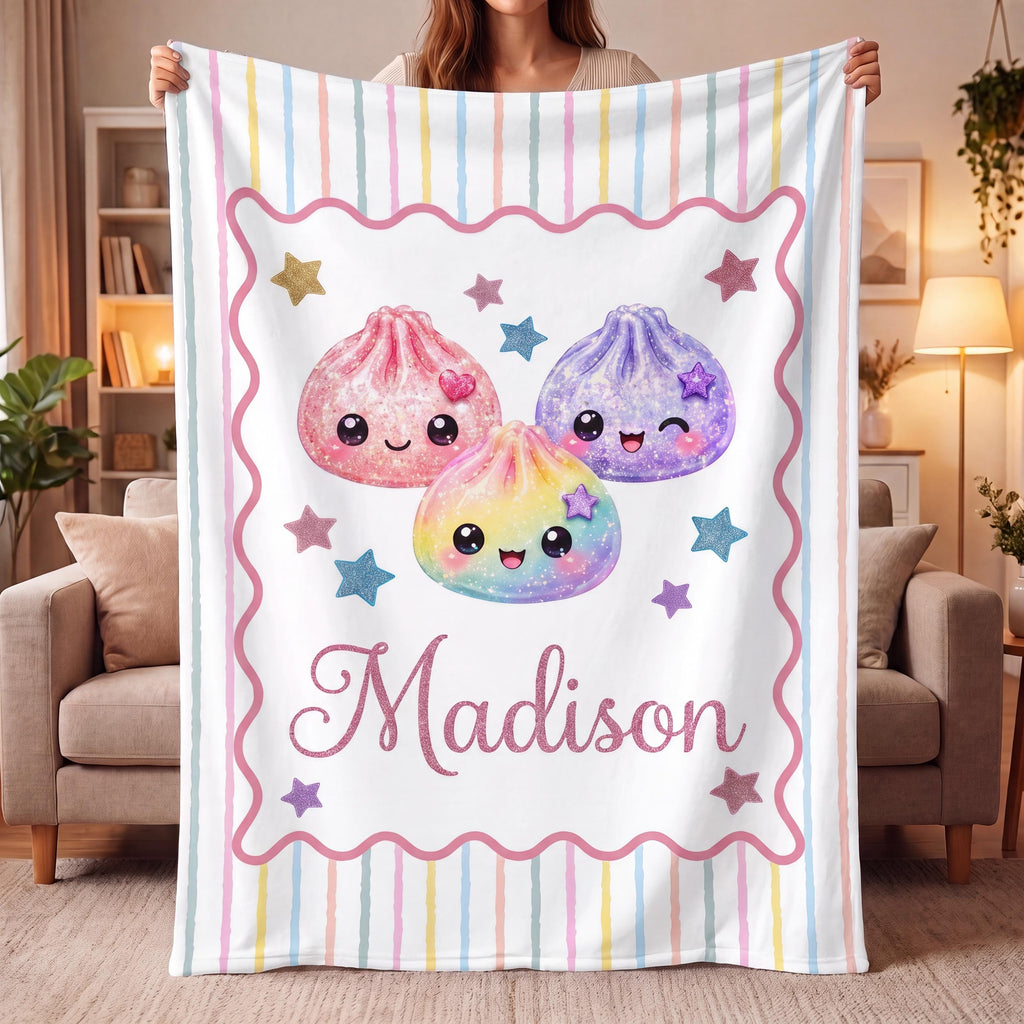 Personalized Squishy Dumpling Flannel Blanket, Custom Pastel Kawaii Throw, Cute Name Bedding Gift for Girls
