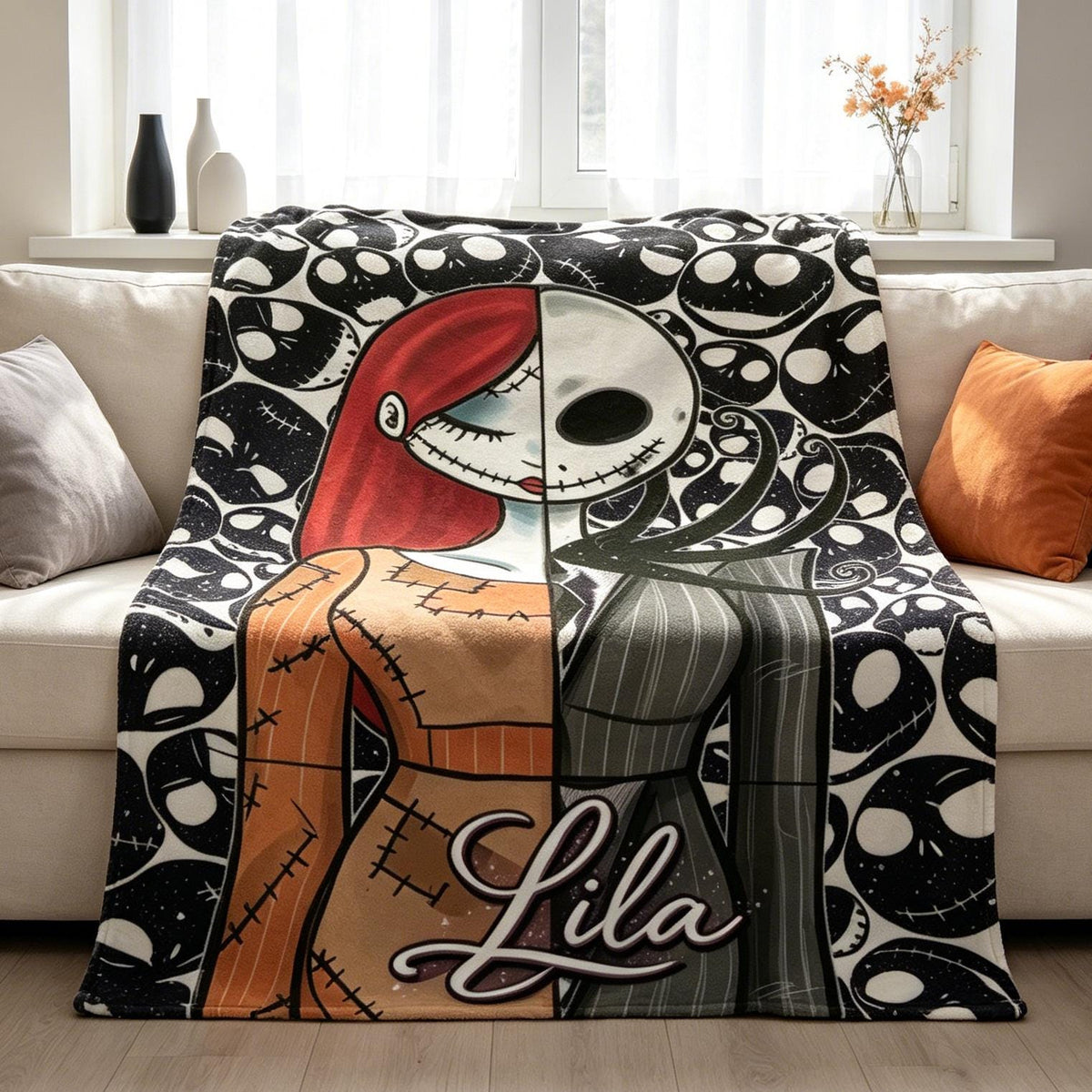 Personalized Jack and Sally Flannel Blanket, Custom Name Spooky Goth Throw, Halloween Christmas Couple Gift, Skeleton Bedding Room Decor