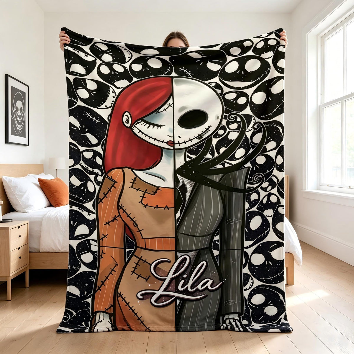 Personalized Jack and Sally Flannel Blanket, Custom Name Spooky Goth Throw, Halloween Christmas Couple Gift, Skeleton Bedding Room Decor