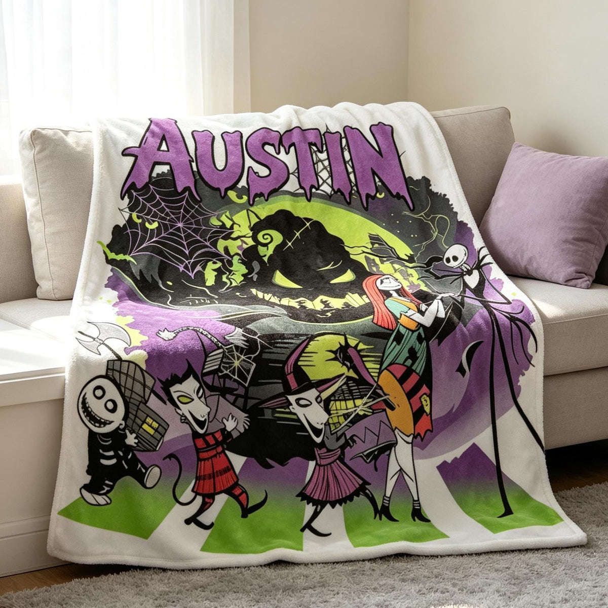Personalized Jack and Sally Flannel Blanket, Custom Name Spooky Halloween Throw, Gothic Christmas Gift For Kids, Halloween Town Decor
