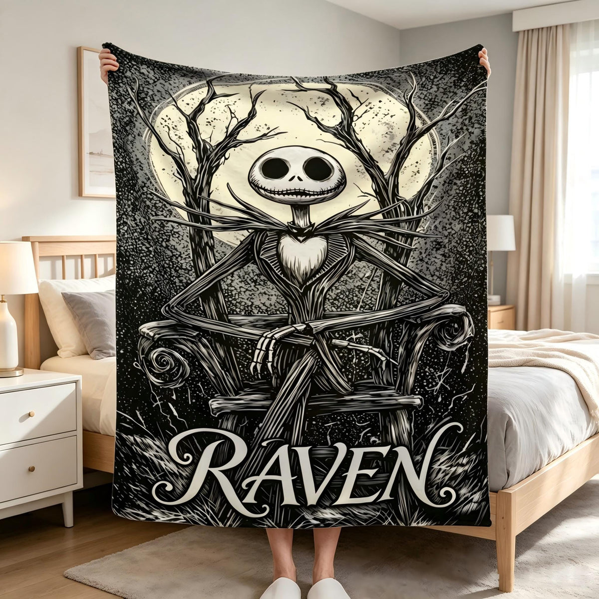 Personalized Flannel Blanket Custom Name Skeleton King Jack Skellington Spooky Gothic Halloween Christmas Fan Gift Cozy Bedding Decor