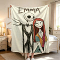 Custom Name Jack and Sally Flannel Blanket, Personalized Spooky Halloween Bed Throw, Gothic Couple Room Decor, Skeleton Lovers Gift