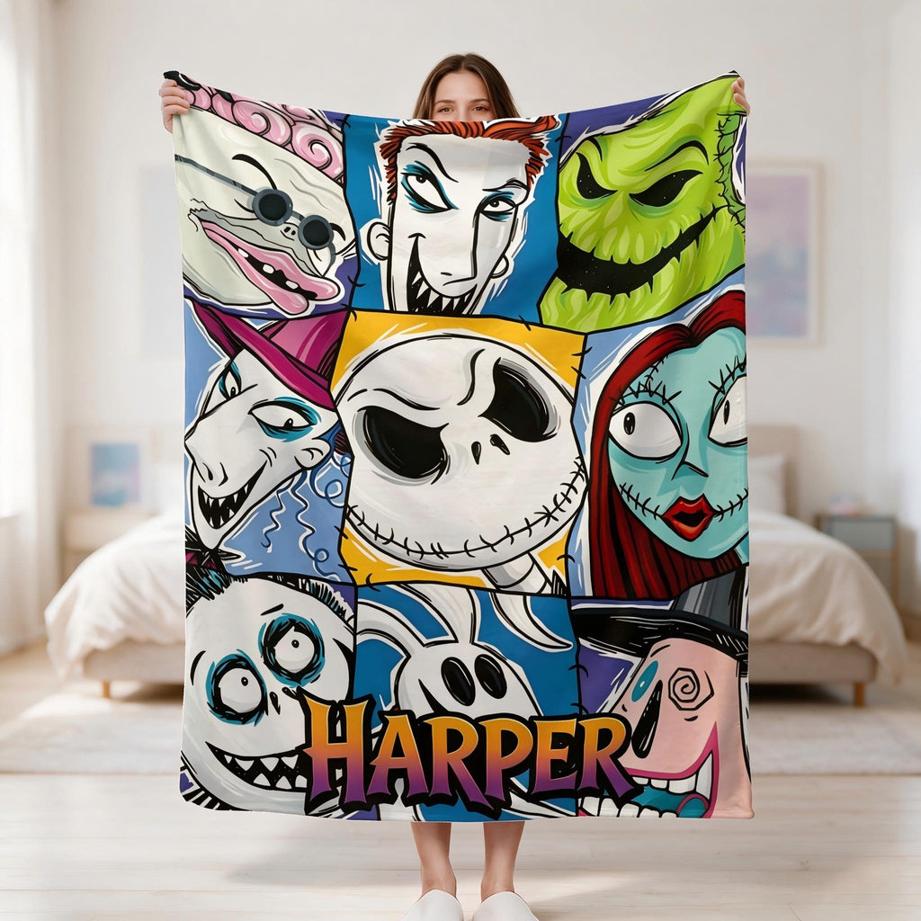 Personalized Name Flannel Blanket Custom Spooky Halloween Christmas Character Throw Gothic Movie Fan Gift Jack Sally Kids Aesthetic Decor