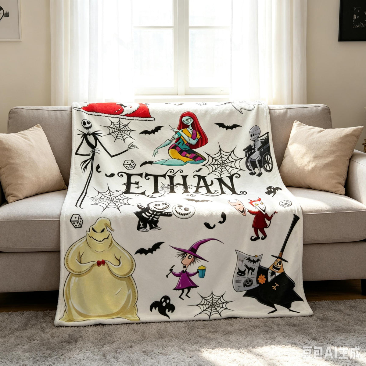 Custom Halloween Town Flannel Blanket, Personalized Jack and Sally Name Throw, Spooky Movie Fan Gift, Gothic Kids Bedroom Decor Bedding