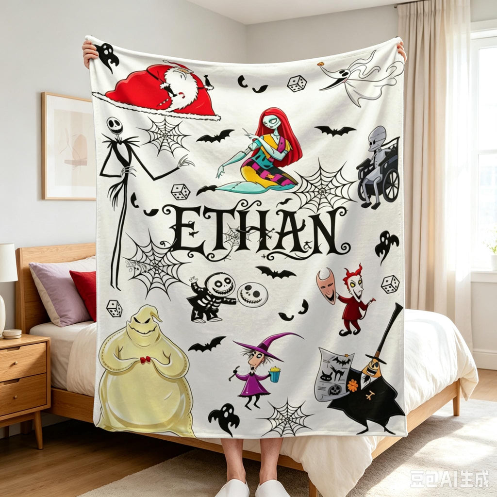 Custom Halloween Town Flannel Blanket, Personalized Jack and Sally Name Throw, Spooky Movie Fan Gift, Gothic Kids Bedroom Decor Bedding