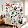 Custom Halloween Town Flannel Blanket, Personalized Jack and Sally Name Throw, Spooky Movie Fan Gift, Gothic Kids Bedroom Decor Bedding