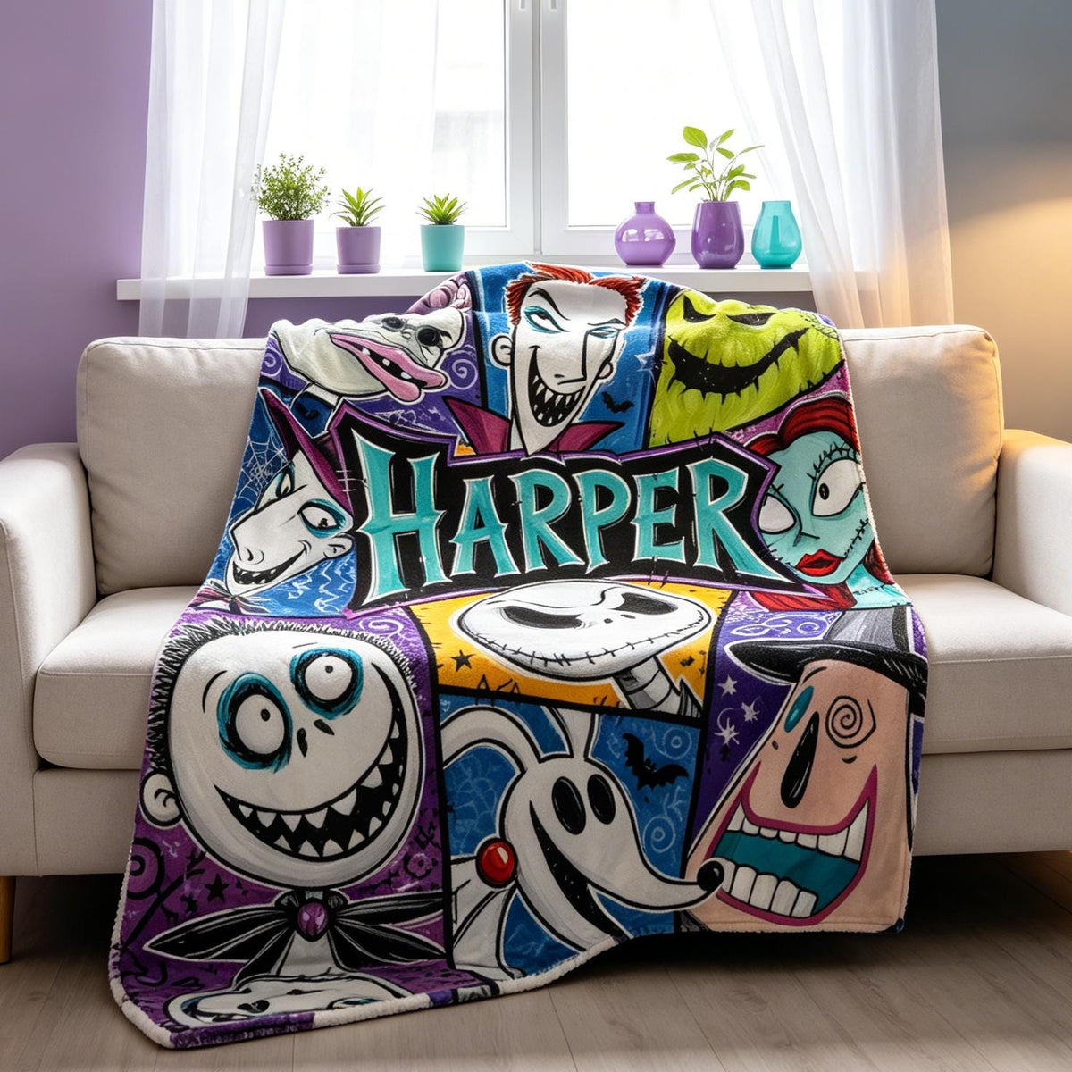 Personalized Flannel Blanket Custom Name Spooky Halloween Town Throw Jack and Sally Kids Bedding Gothic Christmas Gift for Movie Fans