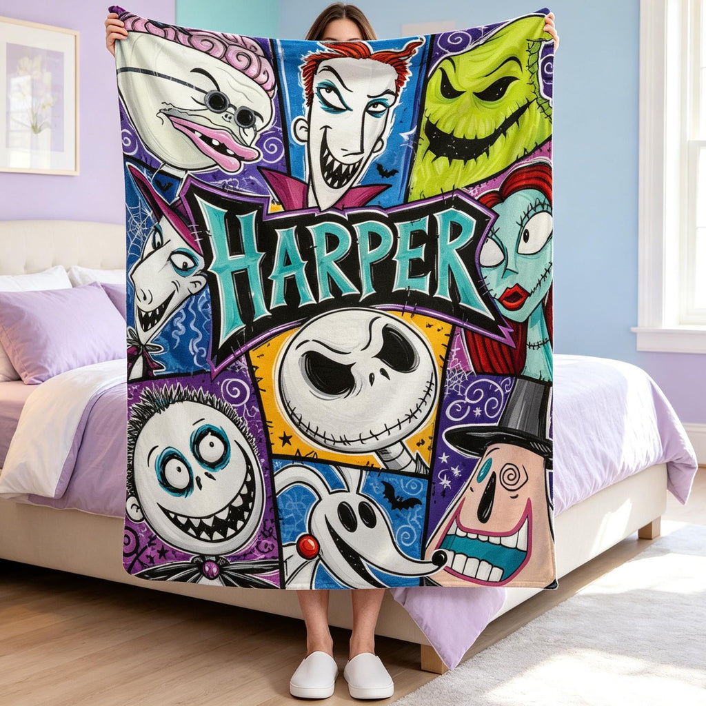 Personalized Flannel Blanket Custom Name Spooky Halloween Town Throw Jack and Sally Kids Bedding Gothic Christmas Gift for Movie Fans