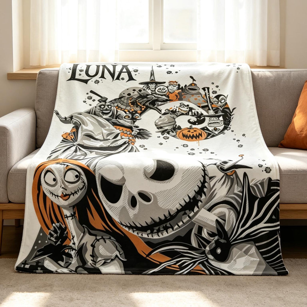 Personalized Halloween Town Blanket Custom Name Spooky Throw Jack Skellington Gift Gothic Decor Cozy Bedding Christmas Couple Present