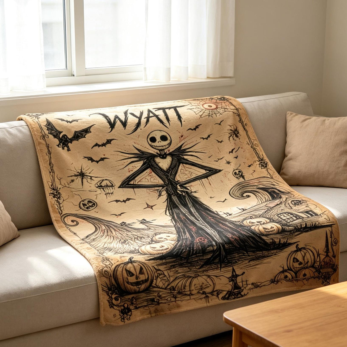 Personalized Jack Skeleton Flannel Name Blanket, Custom Gothic Halloween Throw, Spooky Christmas Fan Gift, Pumpkin King Decor Bedding