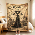 Personalized Jack Skeleton Flannel Name Blanket, Custom Gothic Halloween Throw, Spooky Christmas Fan Gift, Pumpkin King Decor Bedding