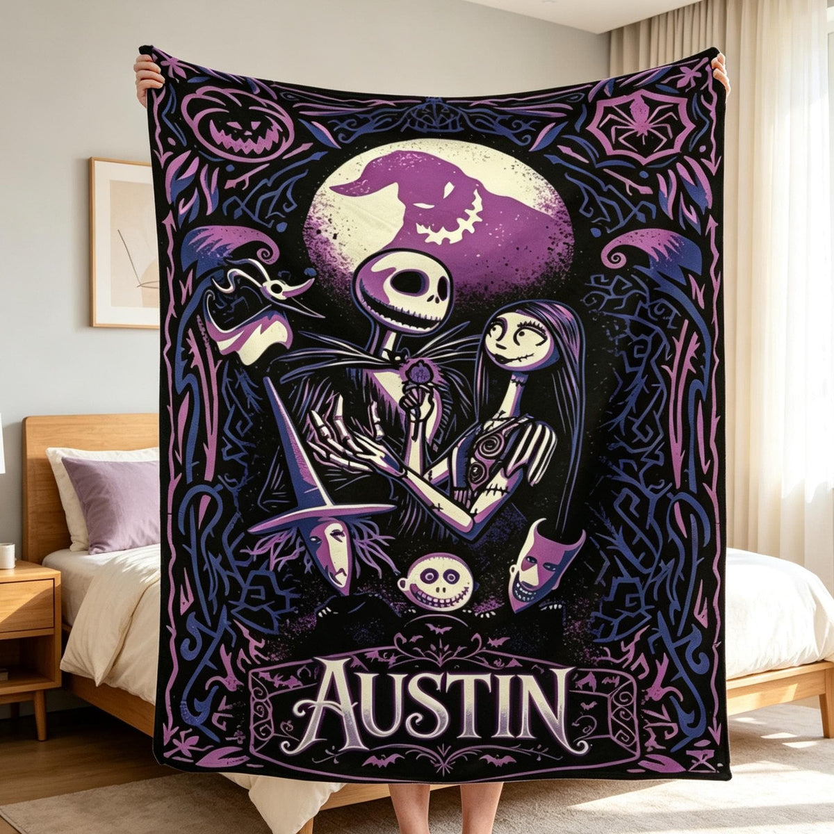 Personalized Jack and Sally Flannel Blanket, Custom Name Halloween Town Throw, Spooky Gothic Room Decor for Kids, Movie Fan Couple Gift