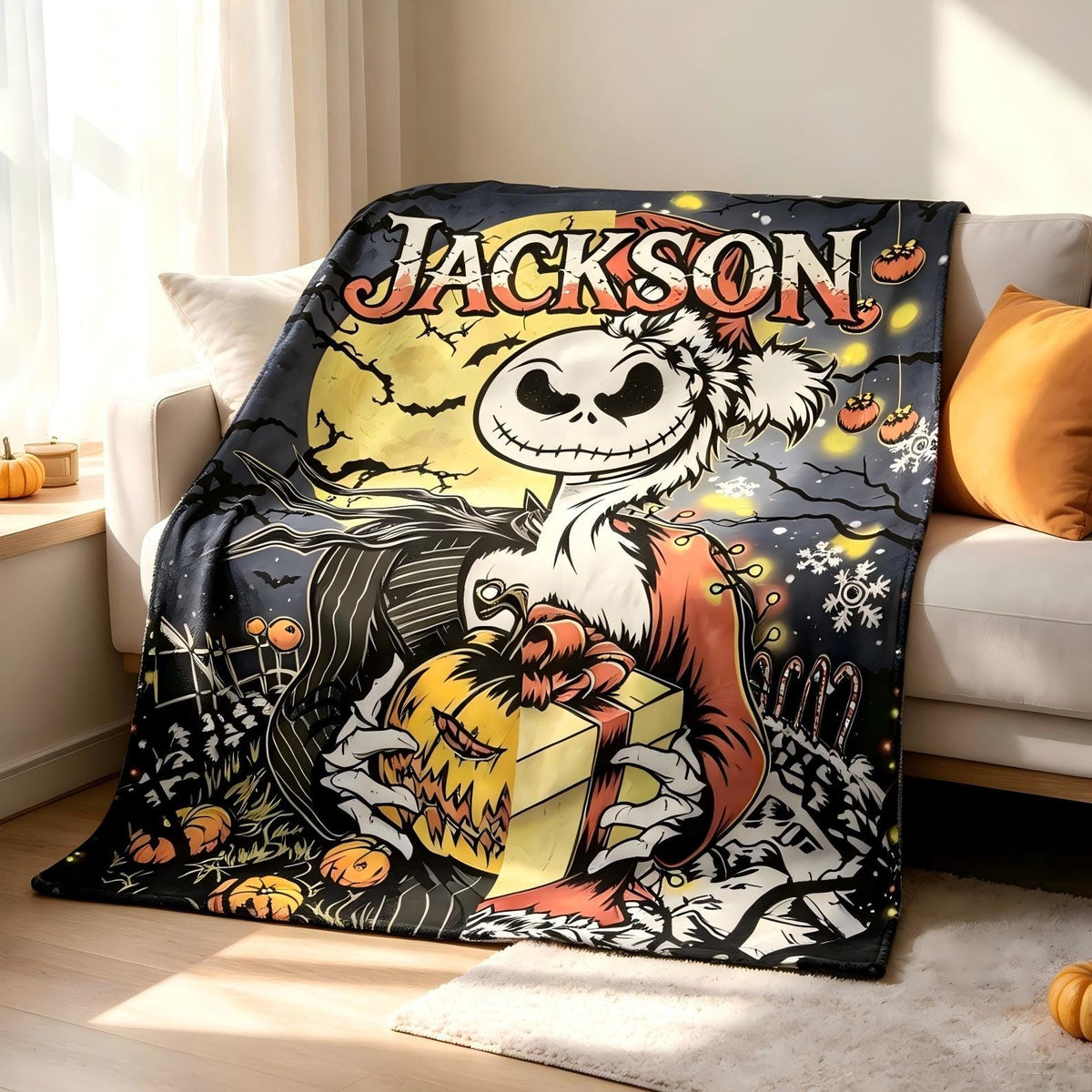 Personalized Pumpkin King Flannel Blanket, Custom Jack Skellington Name Throw, Halloween Christmas Room Decor, Spooky Movie Fan Gift