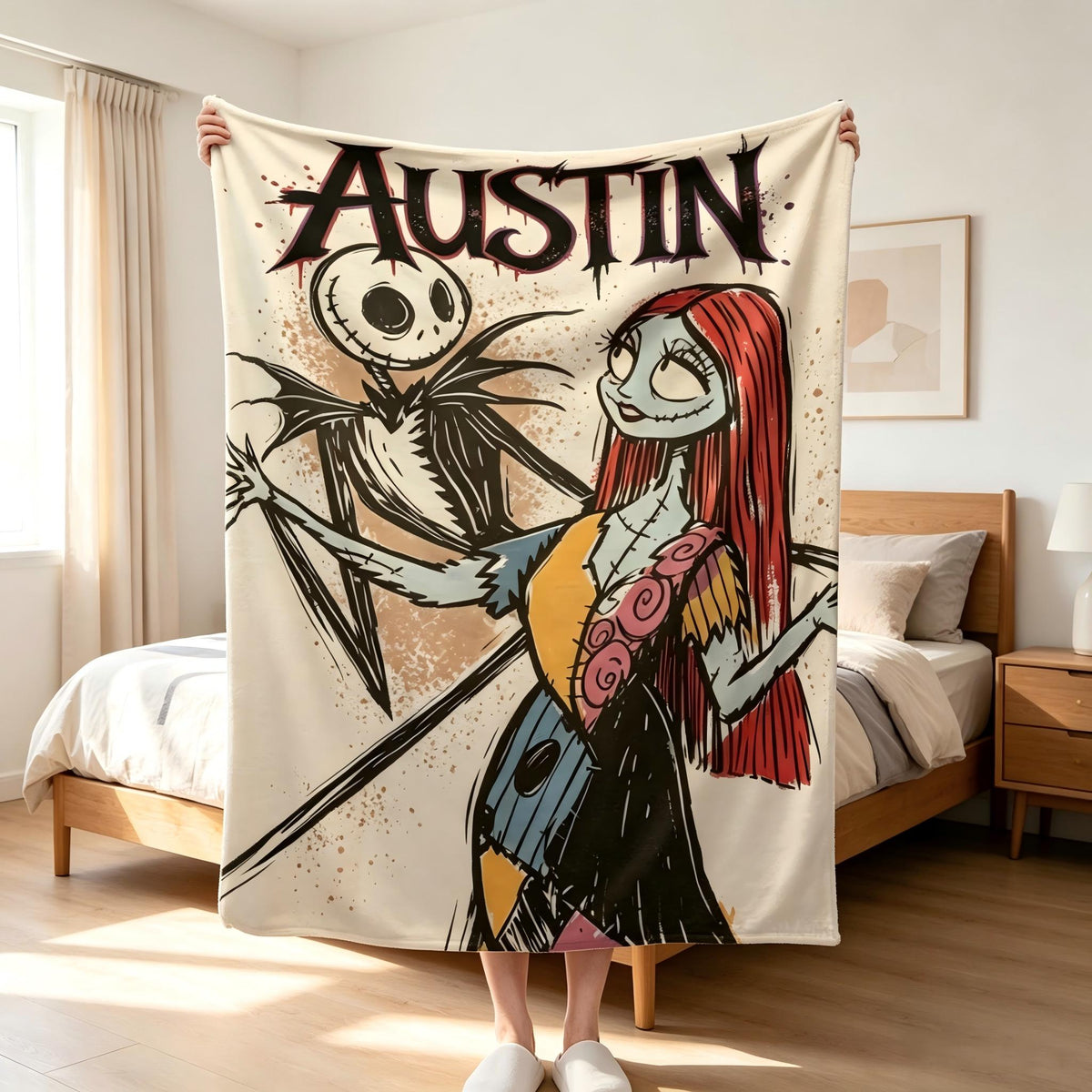 Personalized Flannel Blanket Custom Jack and Sally Cozy Throw Spooky Halloween Couples Decor Gothic Movie Fan Gift with Custom Name