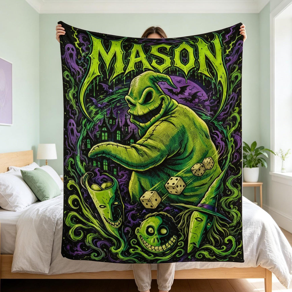 Personalized Oogie Boogie Flannel Blanket Custom Halloween Town Throw Spooky Christmas Gift for Movie Fan Gothic Room Decor Custom Name