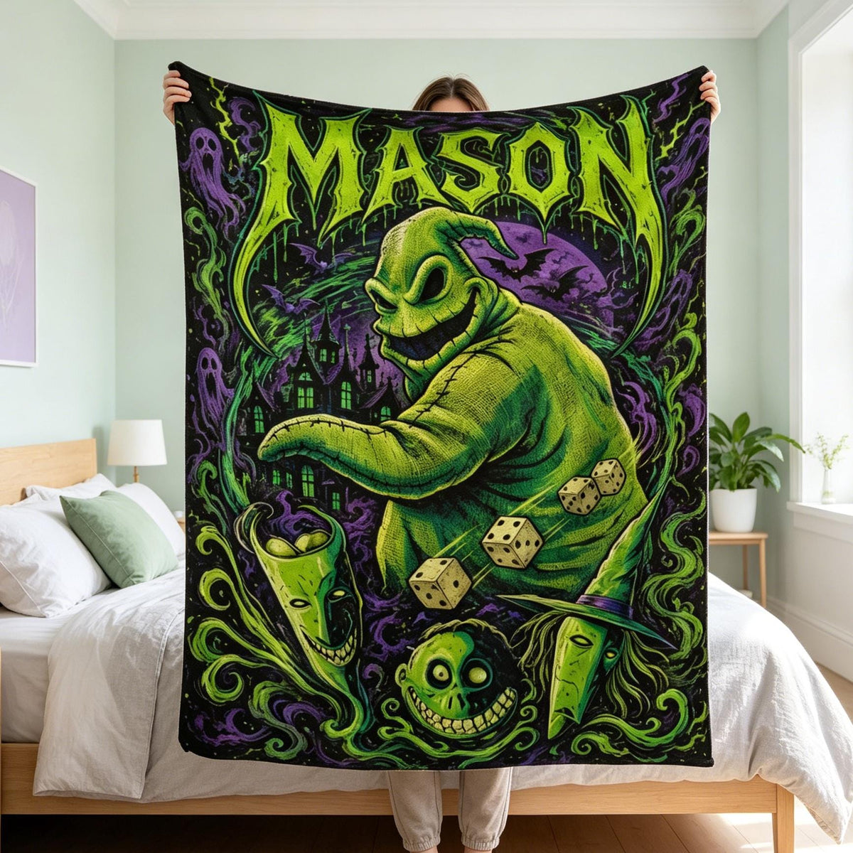 Personalized Oogie Boogie Flannel Blanket Custom Halloween Town Throw Spooky Christmas Gift for Movie Fan Gothic Room Decor Custom Name