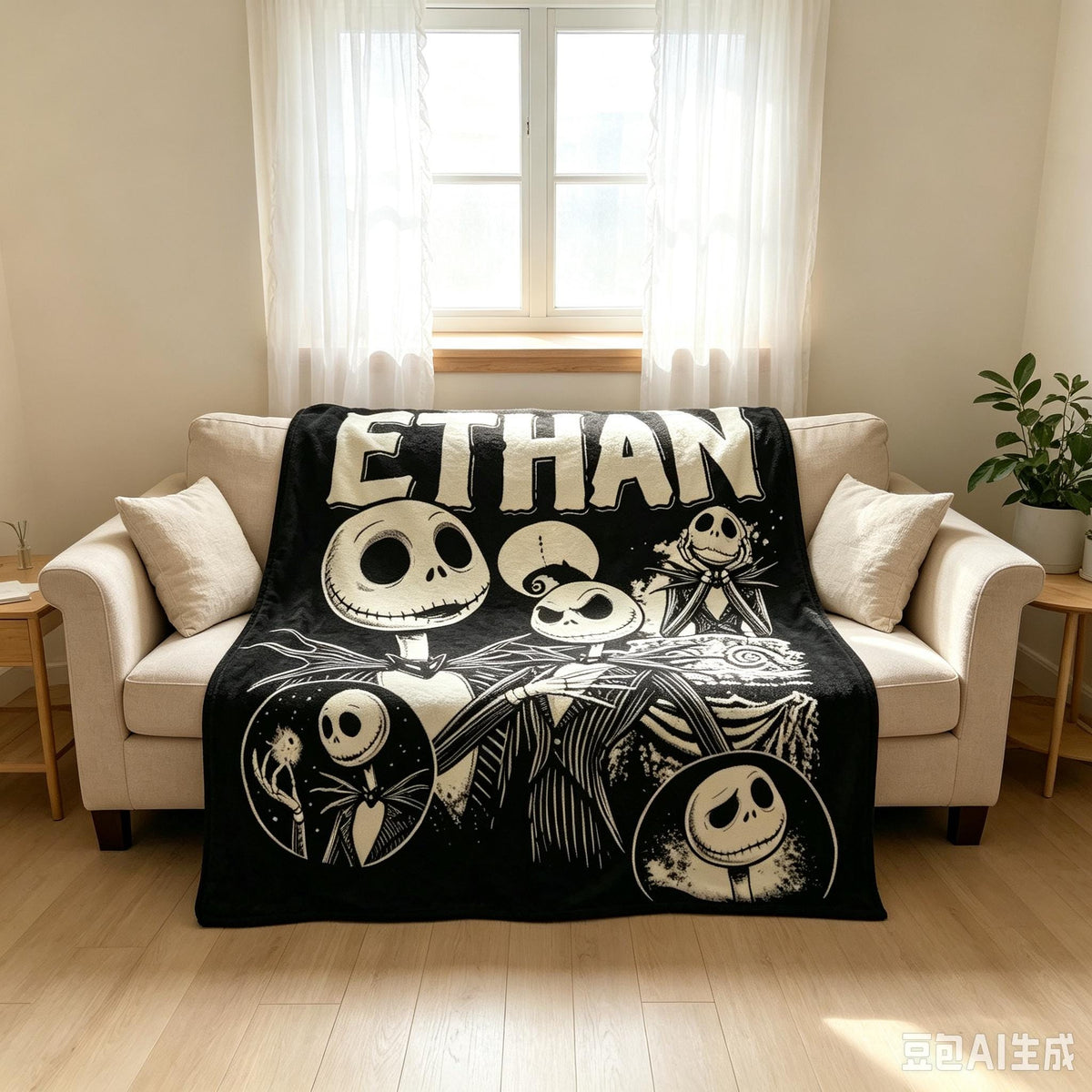 Personalized Jack and Sally Flannel Blanket, Custom Name Spooky Gothic Throw, Halloween Town Fan Gift, Dark Christmas Cozy Home Decor