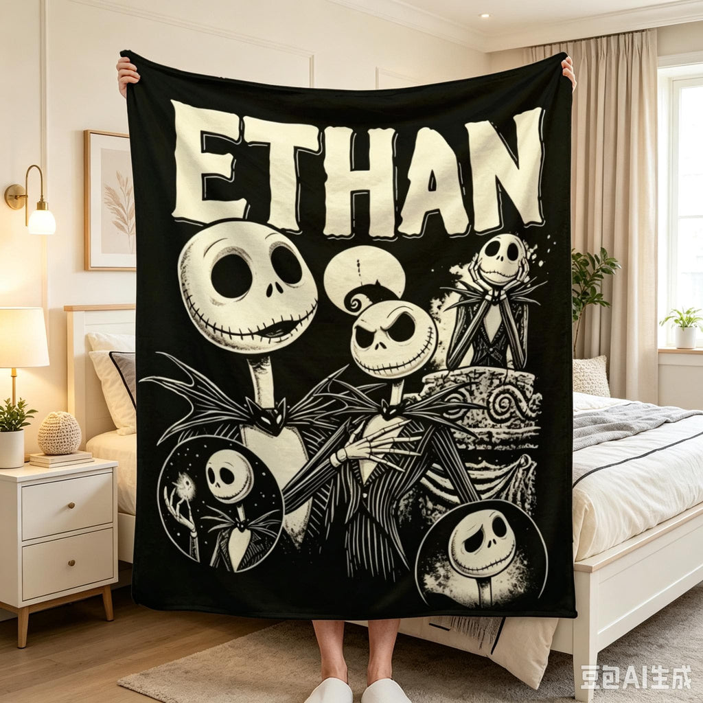 Personalized Jack and Sally Flannel Blanket, Custom Name Spooky Gothic Throw, Halloween Town Fan Gift, Dark Christmas Cozy Home Decor