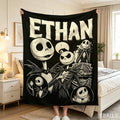 Personalized Jack and Sally Flannel Blanket, Custom Name Spooky Gothic Throw, Halloween Town Fan Gift, Dark Christmas Cozy Home Decor