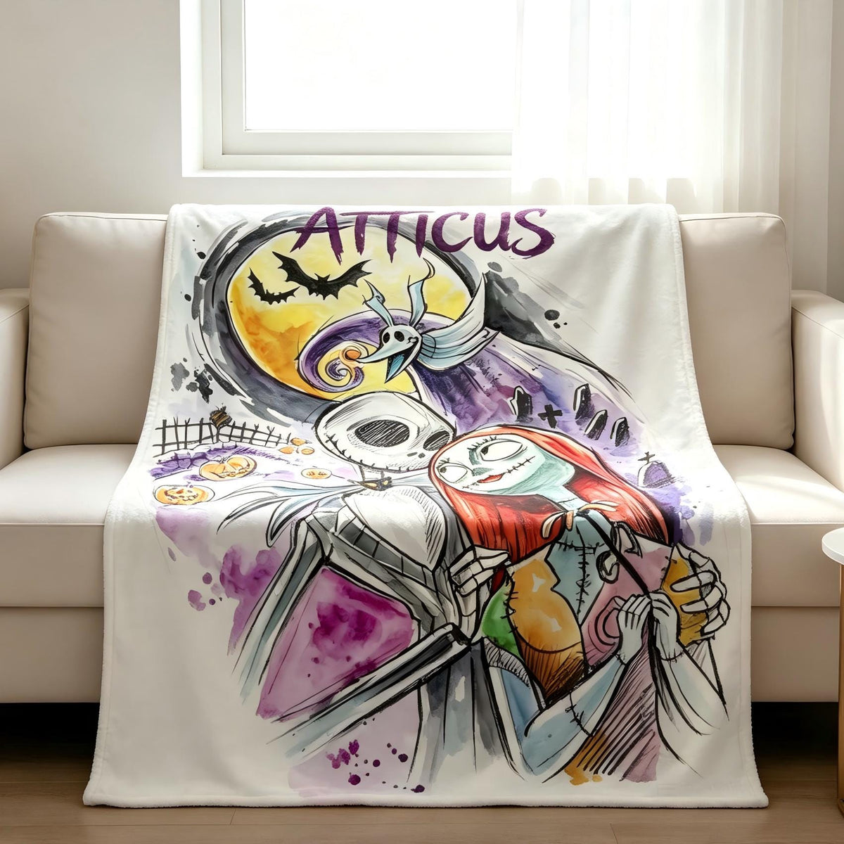 Personalized Jack and Sally Flannel Blanket, Custom Name Halloween Christmas Throw, Spooky Couple Gift, Gothic Room Decor, Watercolor Art