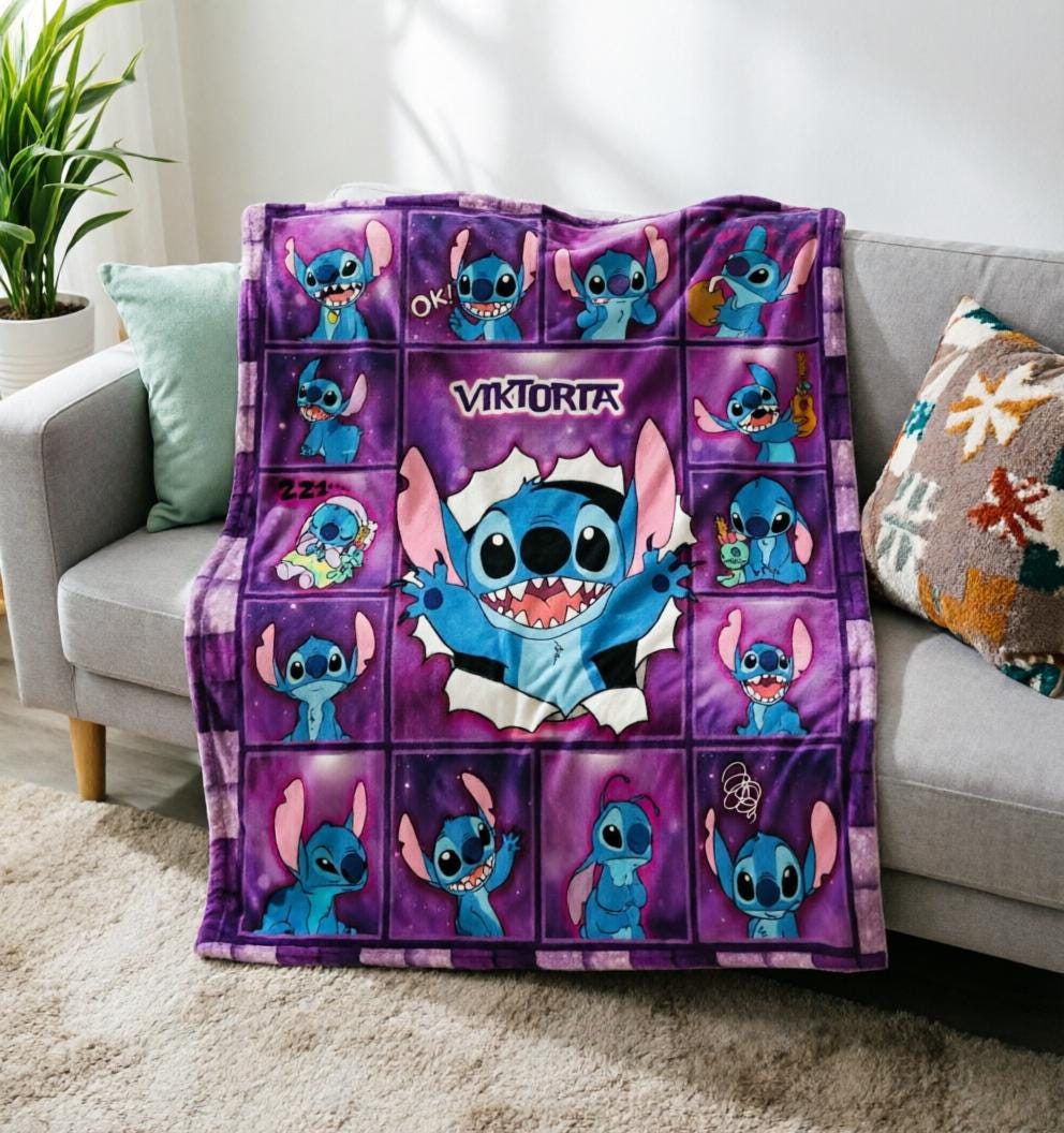 Stitch Comic Blanket Soft Throw, Custom Name Kids Throw