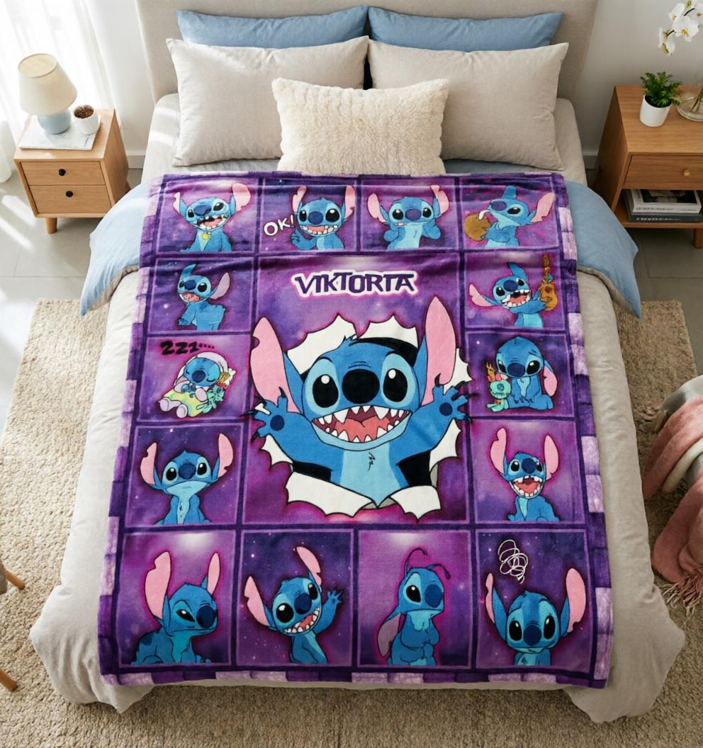 Stitch Comic Blanket Soft Throw, Custom Name Kids Throw
