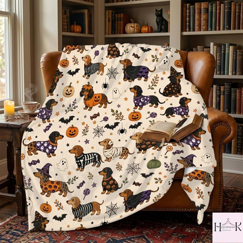 Dachshund Halloween Blanket, Cute Wiener Dog Throw, Spooky Sausage Dog Fall Decor, Cozy Dog Mom Gift