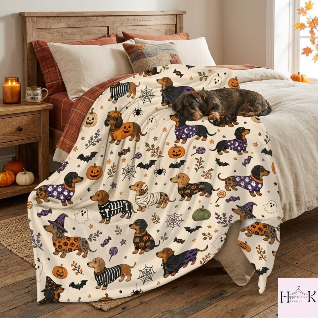 Dachshund Halloween Blanket, Cute Wiener Dog Throw, Spooky Sausage Dog Fall Decor, Cozy Dog Mom Gift