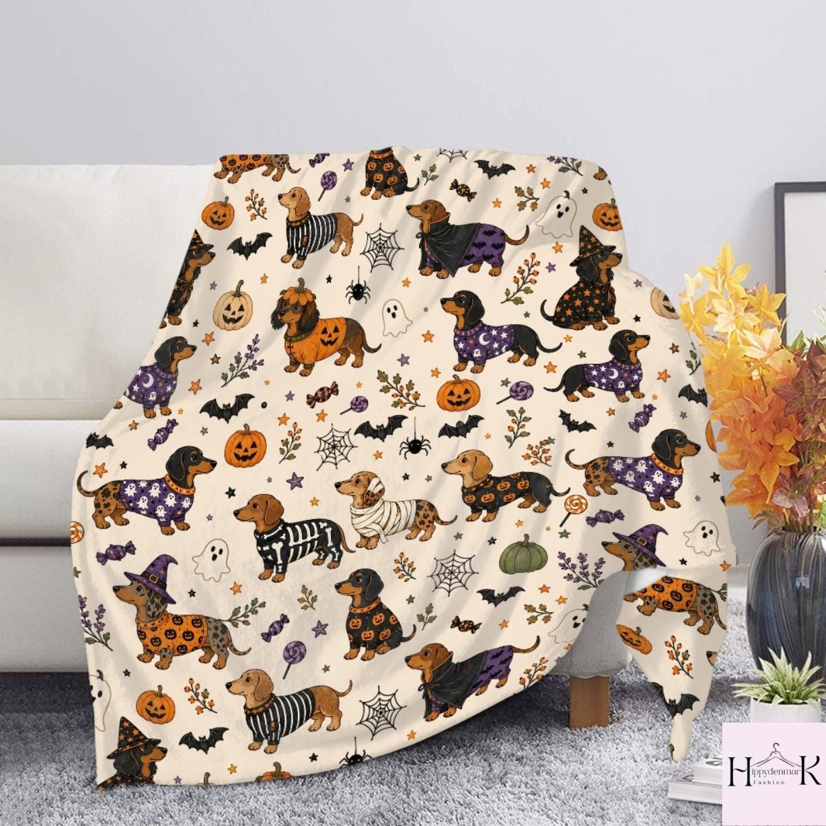 Dachshund Halloween Blanket, Cute Wiener Dog Throw, Spooky Sausage Dog Fall Decor, Cozy Dog Mom Gift