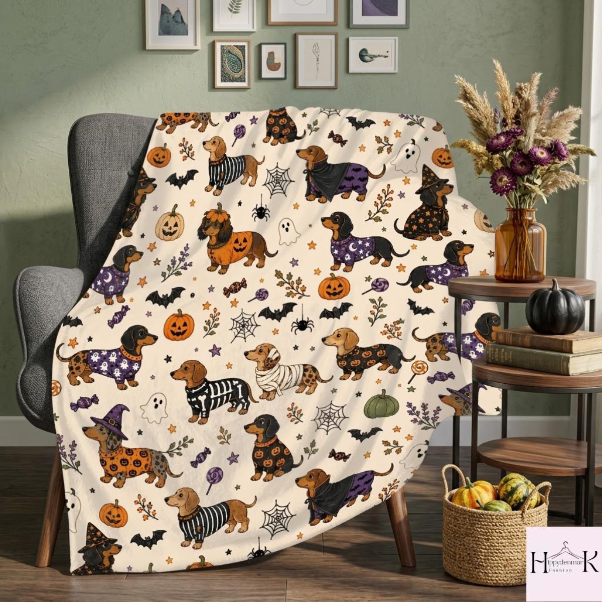 Dachshund Halloween Blanket, Cute Wiener Dog Throw, Spooky Sausage Dog Fall Decor, Cozy Dog Mom Gift