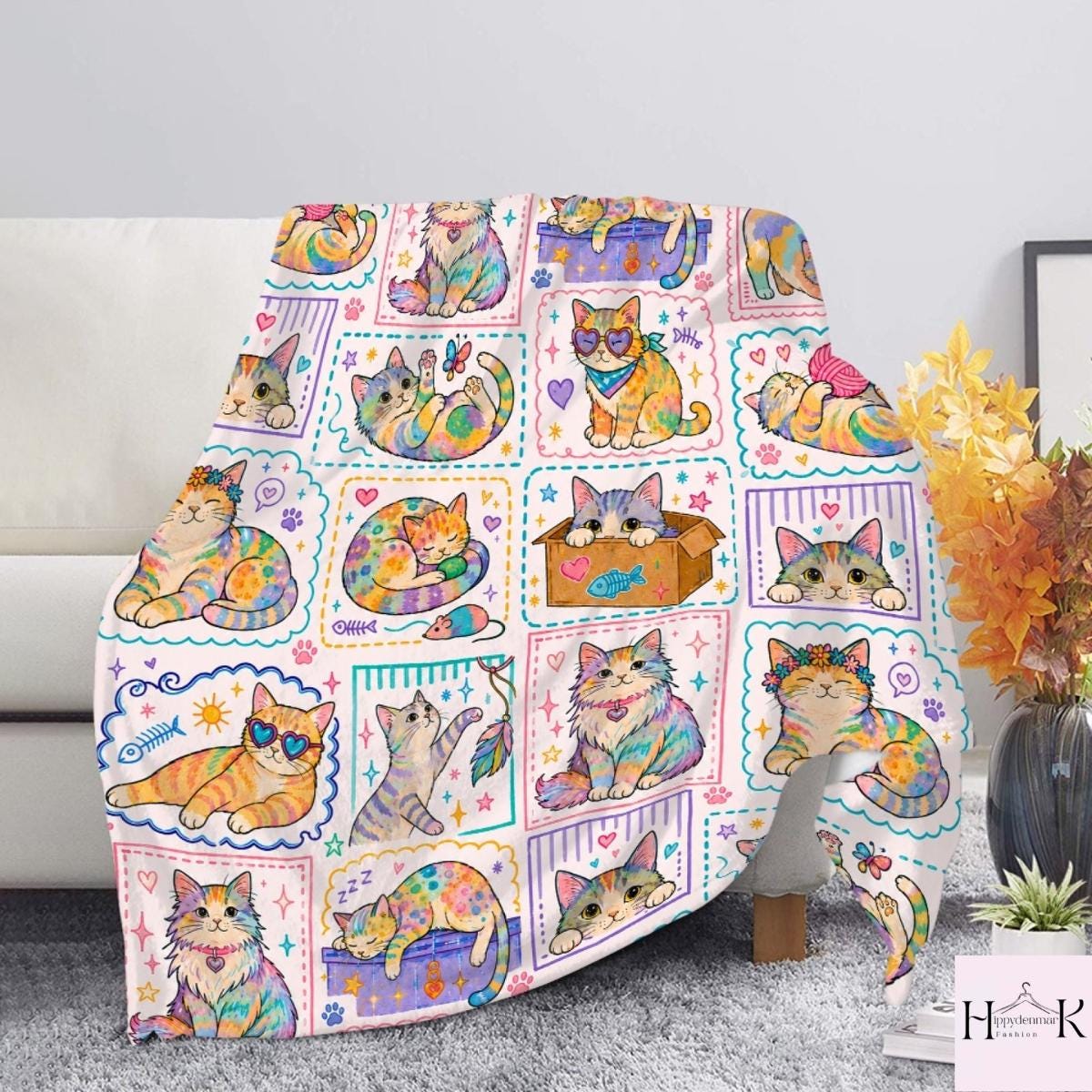 Pastel Kawaii Cat Blanket, Rainbow Kitty Throw Blanket, Cute Coquette Cat Lover Gift, Whimsical Cottagecore Fleece Blanket, Colorful Decor