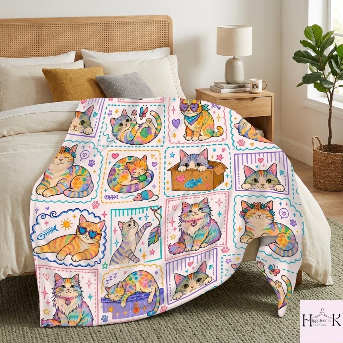Pastel Kawaii Cat Blanket, Rainbow Kitty Throw Blanket, Cute Coquette Cat Lover Gift, Whimsical Cottagecore Fleece Blanket, Colorful Decor