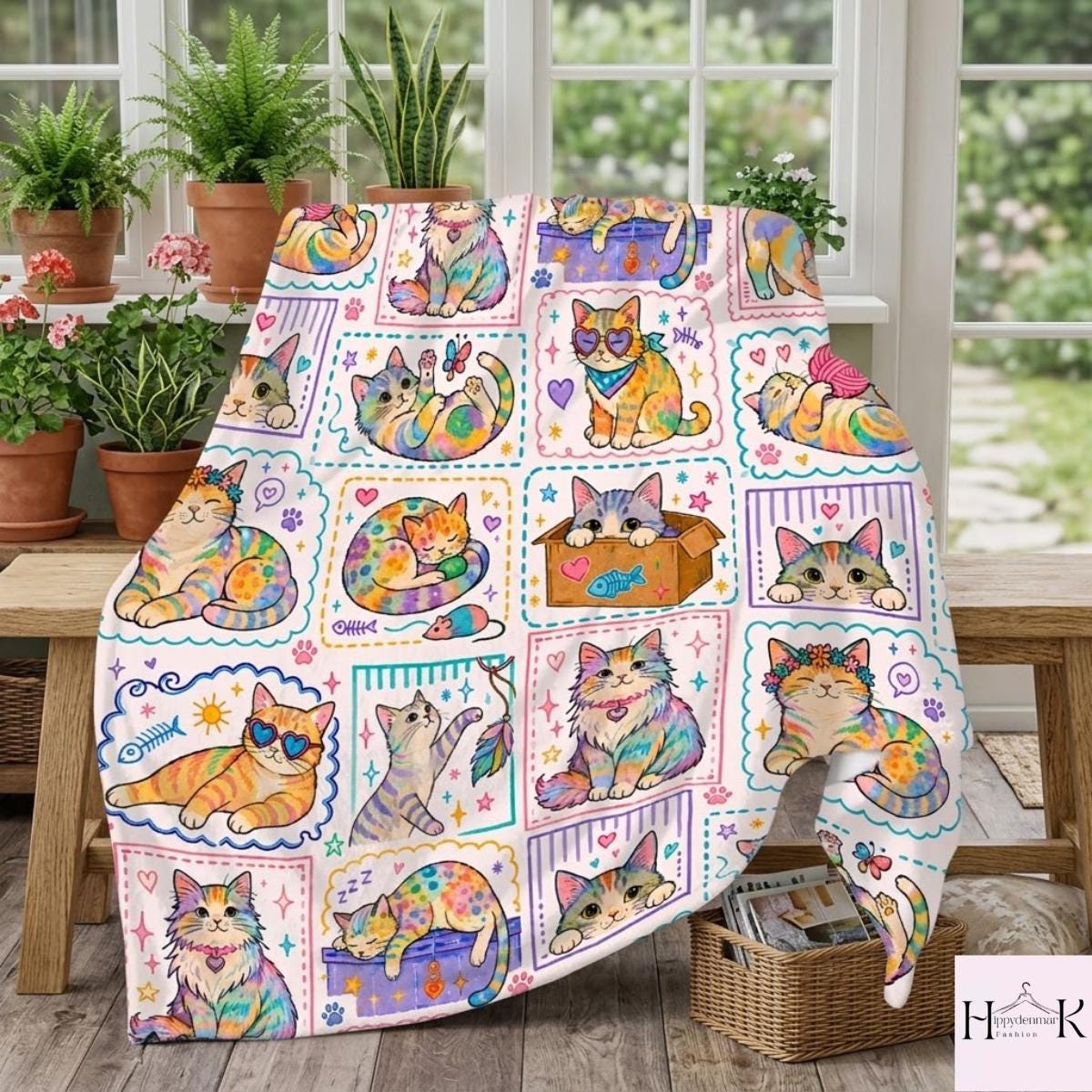 Pastel Kawaii Cat Blanket, Rainbow Kitty Throw Blanket, Cute Coquette Cat Lover Gift, Whimsical Cottagecore Fleece Blanket, Colorful Decor