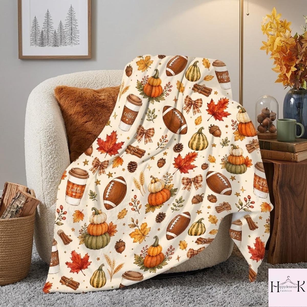 Fall Football Blanket, Pumpkin Spice Latte Throw, Autumn Leaves Cozy Blanket, Thanksgiving Decor, Game Day Gift