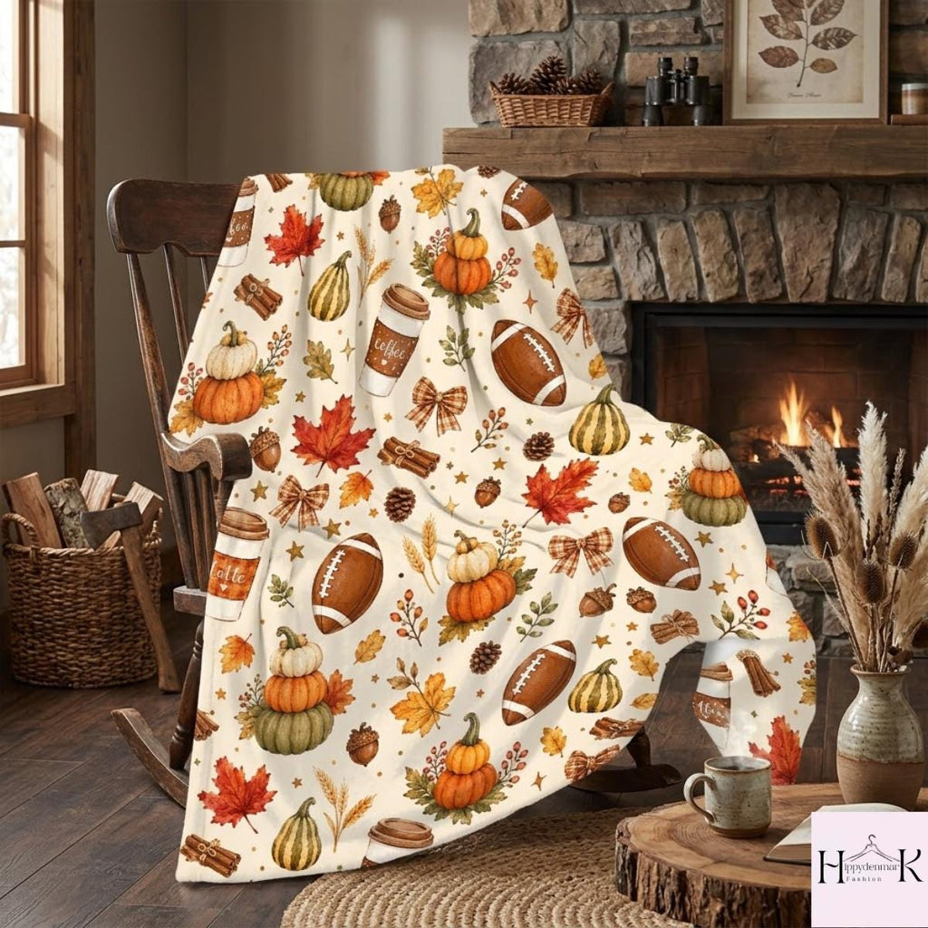 Fall Football Blanket, Pumpkin Spice Latte Throw, Autumn Leaves Cozy Blanket, Thanksgiving Decor, Game Day Gift