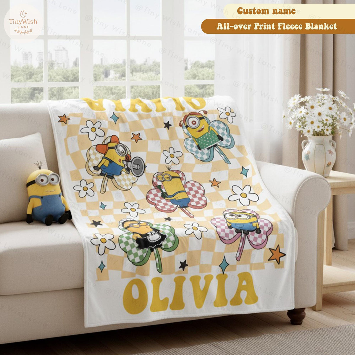 Personalized Yellow Cartoon Kids Blanket, Custom Name Funny Character Blanket, Despicable Me Inspired Kids Gift, Cute Character Blanket Gift