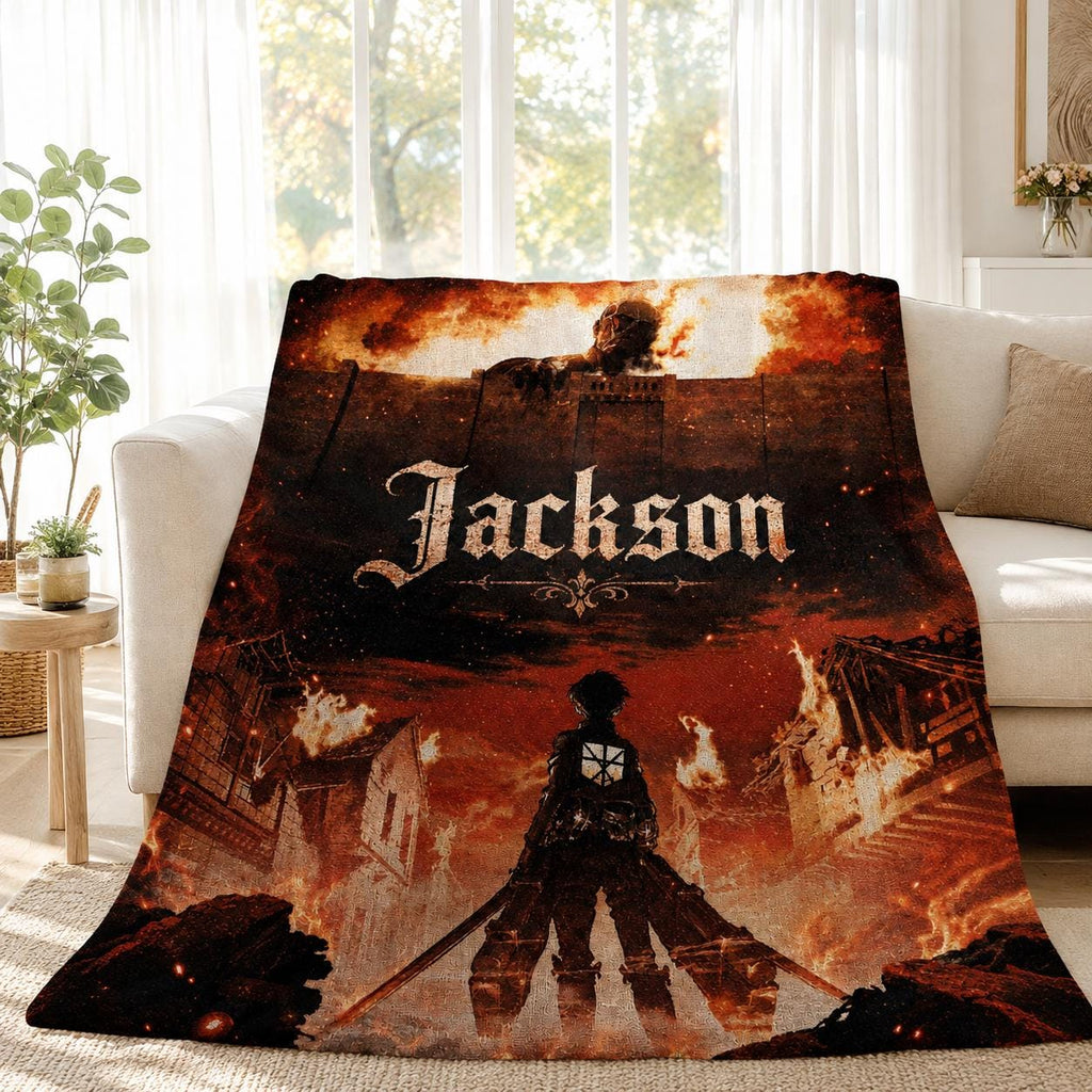 Personalized AOT SNK Flannel Blanket Custom Name Anime Lover Gift Epic Giant Monster Wall Scene Throw Cozy Japanese Animation Bedding