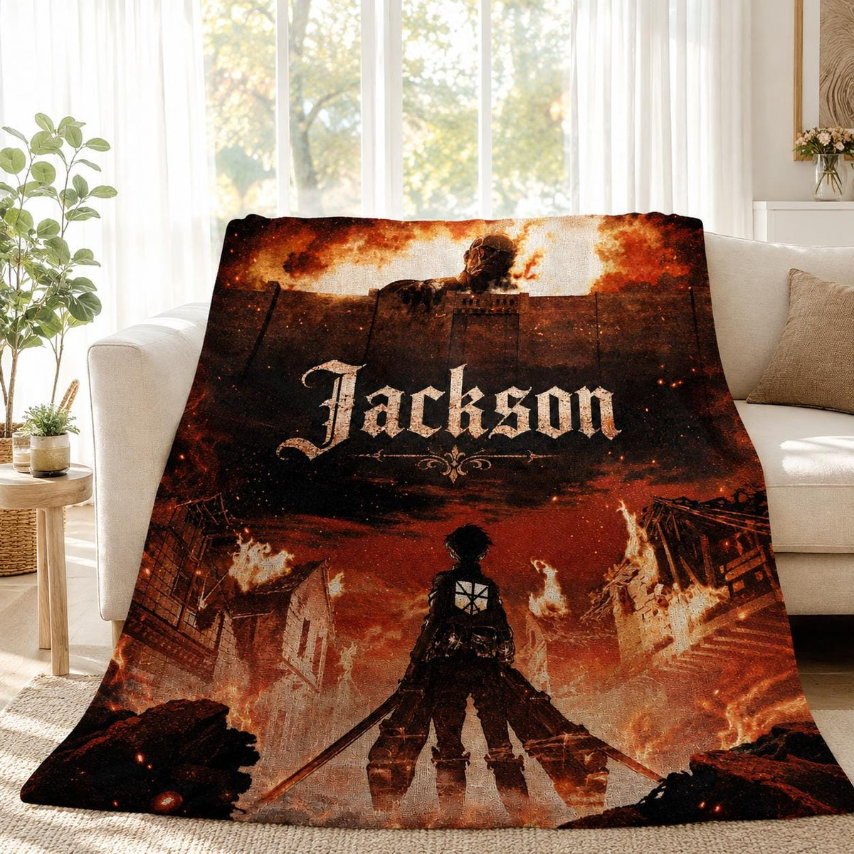 Personalized AOT SNK Flannel Blanket Custom Name Anime Lover Gift Epic Giant Monster Wall Scene Throw Cozy Japanese Animation Bedding