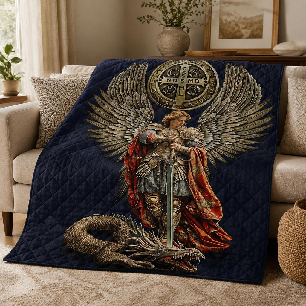 Saint Michael Archangel Warrior Quilt Blanket, Christian Faith Home Decor