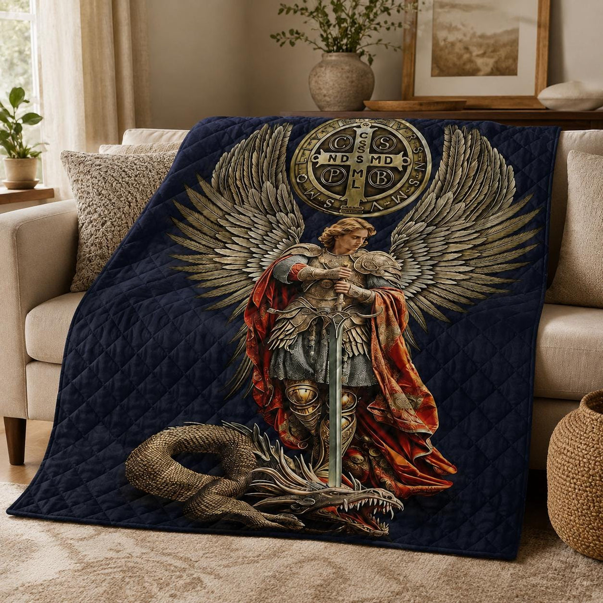 Saint Michael Archangel Warrior Quilt Blanket, Christian Faith Home Decor