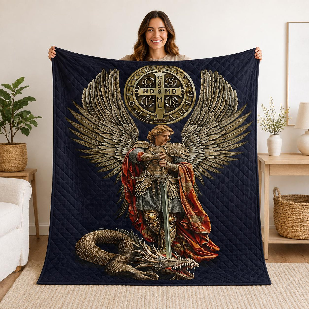 Saint Michael Archangel Warrior Quilt Blanket, Christian Faith Home Decor
