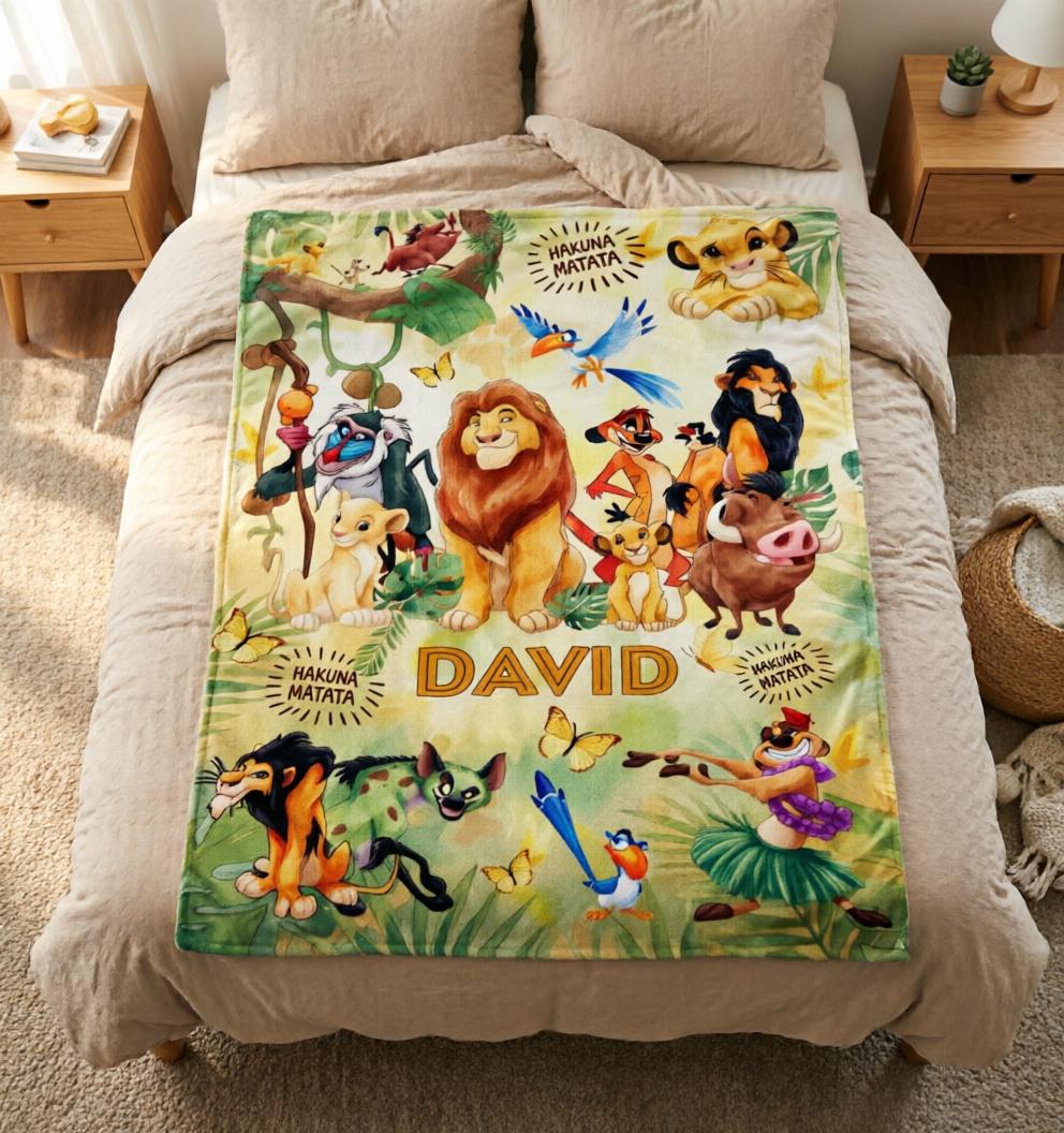 Custom Name Lion King Blanket Soft Throw, Safari Jungle Character Kids Bed Throw