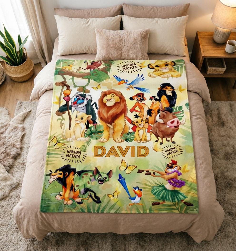 Custom Name Lion King Blanket Soft Throw, Safari Jungle Character Kids Bed Throw