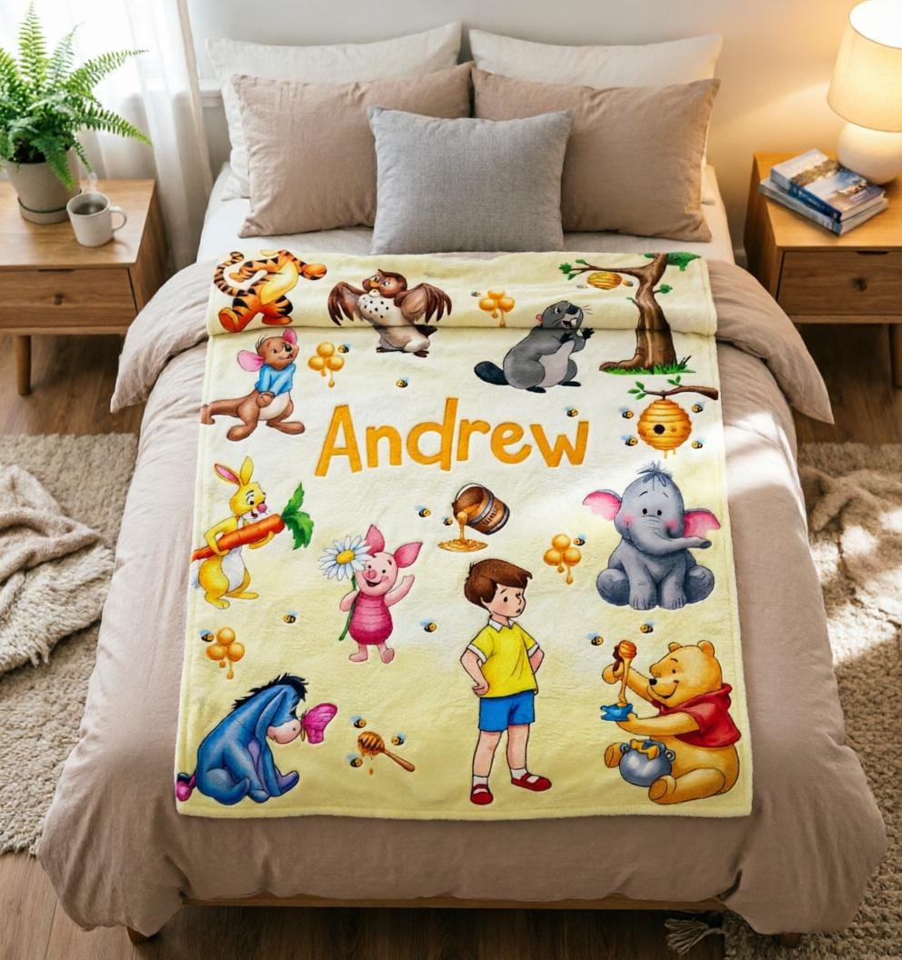 Custom Name Winnie Pooh Blanket Soft Throw, Hundred Acre Wood Kids Bed Throw