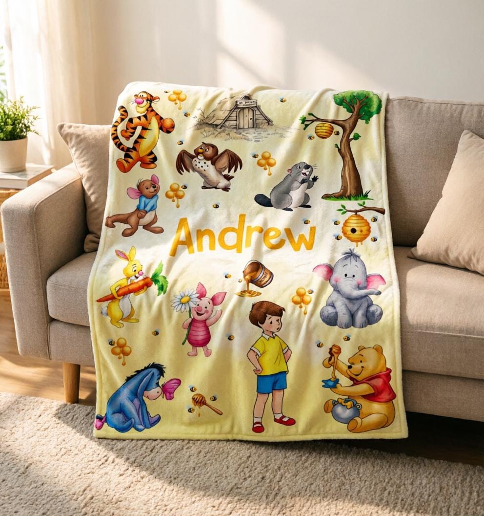 Custom Name Winnie Pooh Blanket Soft Throw, Hundred Acre Wood Kids Bed Throw