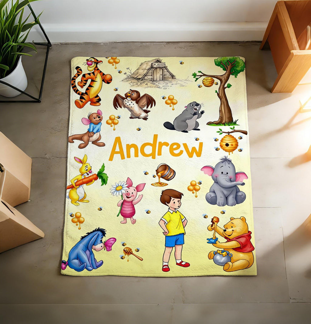 Custom Name Winnie Pooh Blanket Soft Throw, Hundred Acre Wood Kids Bed Throw